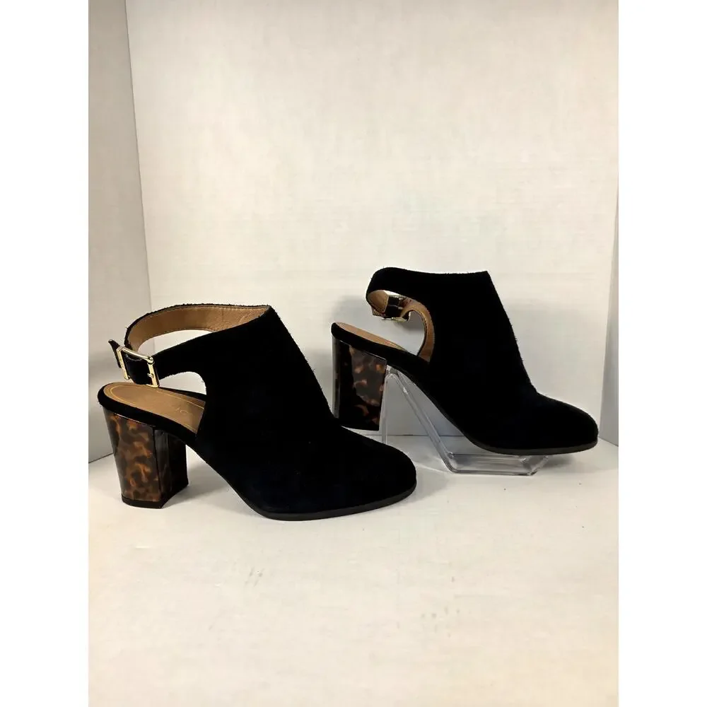 Vionic Lacey Black Suede Tortoiseshell Block Heel Open Heel Bootie Sz 10 Retro